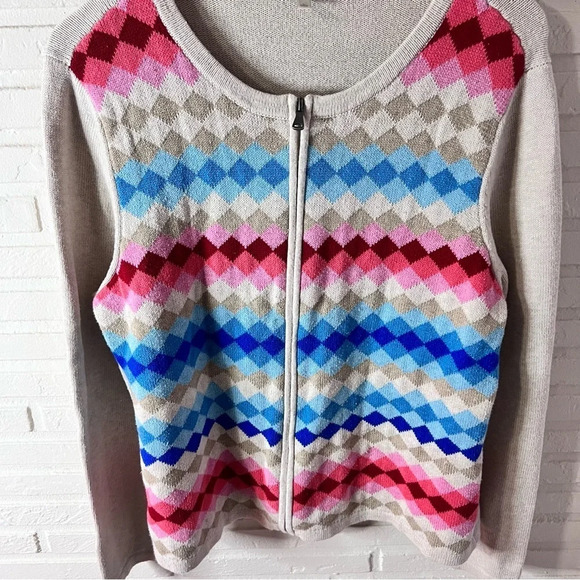 Talbots Colorful Argyle Long Sleeve Zip Up Cardigan Sweater, Women’s Size Large - Picture 2 of 7
